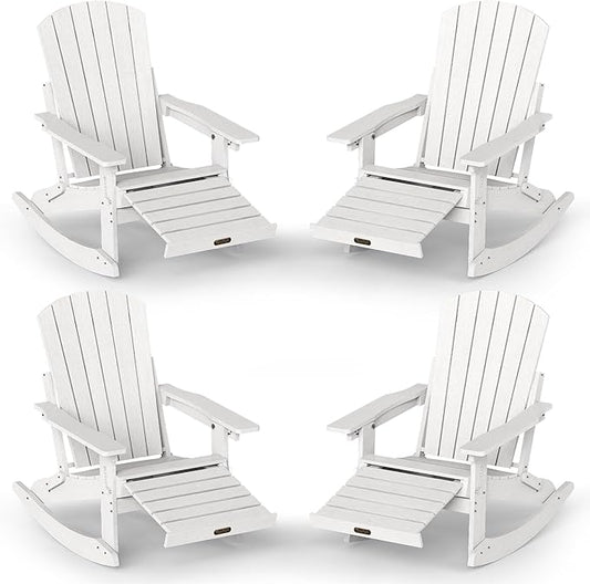 Adirondack Rocking Chair with Retractable Ottoman Set of 4, 4-in-1 Foldable Reclining Patio Chair, HDPE Wood-Look Outdoor Rocker for Porch, Garden & Poolside, White