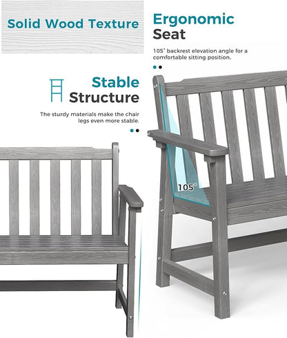 Outdoor Bench, 2-Person HDPE Garden Bench, All Weather Poly Patio Bench for Outdoors, Garden, Backyard, Porch and Park, 550 lbs Weight Capacity, Grey, 2 Pack