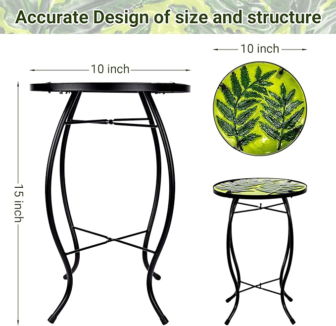Subtropical Leaf Small Patio Table,Outdoor Side Table,Outdoor Bar Table,Metal Glass End Table for Porch Garden Yard Pool Living Room Valentine Decor，10 Inch Side, Valentine Decorations Gift