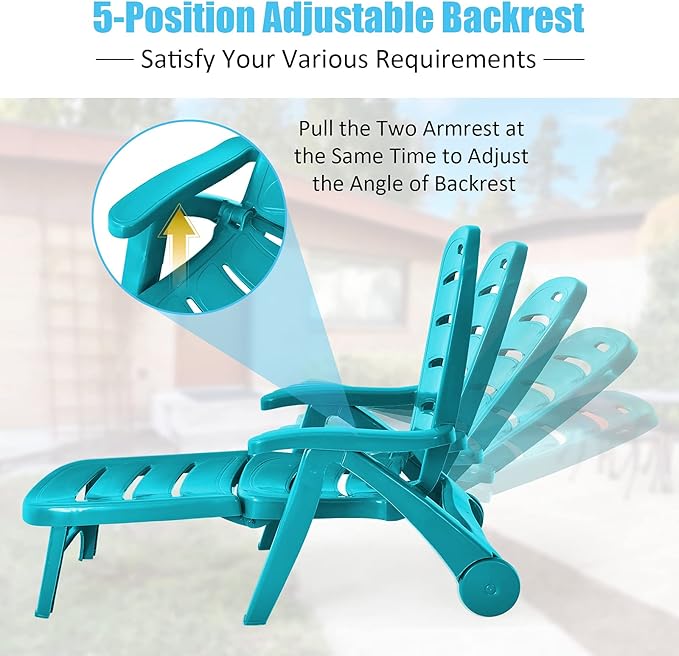 Tangkula Outdoor Chaise Lounge Chair, Adjustable 5-Position Recliner Chair with Built-in Wheels, Weather-Resistance Folding Lounge for Patio, Backyard, Poolside and Beach (1, Turquoise)