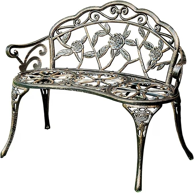 39" Outdoor Bench, Cast Aluminum Metal Garden Bench with Floral Rose Accent & Antique Finish(Brown)
