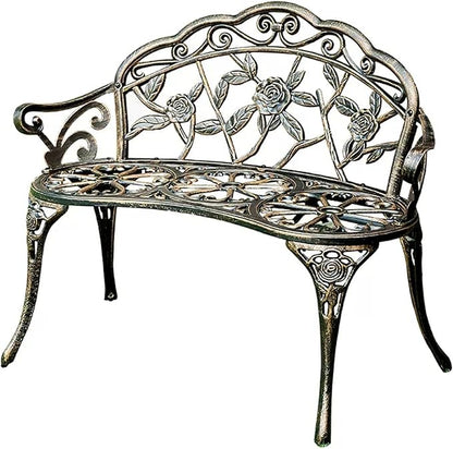 39" Outdoor Bench, Cast Aluminum Metal Garden Bench with Floral Rose Accent & Antique Finish(Brown)
