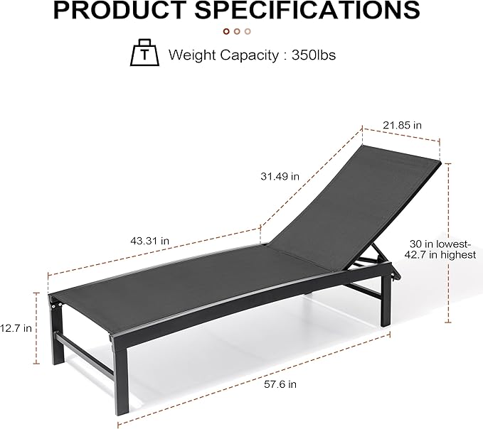 Crestlive Products Chaise Lounge Chair Outdoor, Adjustable 5 Positions Pool Tanning Recliner, Outdoor Lounge Furniture Perfect for Patio, Beach, Yard, Pool
