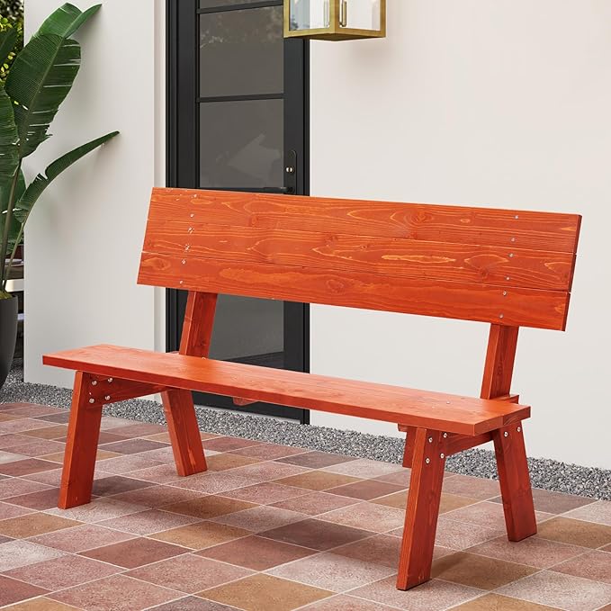 AVAWING Outdoor Convertible Bench, 2-in-1 Transforming Picnic Table Bench, Wooden Garden Bench for Backyard, Porch, Patio, Tangerine