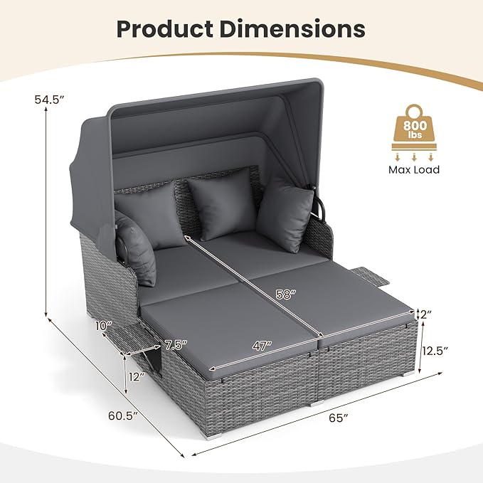 ORALNER Outdoor Daybed, 2-Person Wicker Patio Sofa with Retractable Canopy, Cushions & Pillows, 2 Side Trays - Photo 3