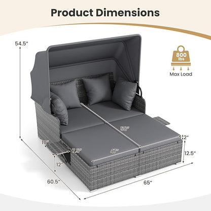 Tangkula Patio Rattan Daybed with Retractable Canopy, Outdoor Wicker Sunbed Lounger with 2 Foldable Side Tables, Thick Seat & Back Cushions, Outside Double Daybed for Garden, Backyard, Porch, Grey