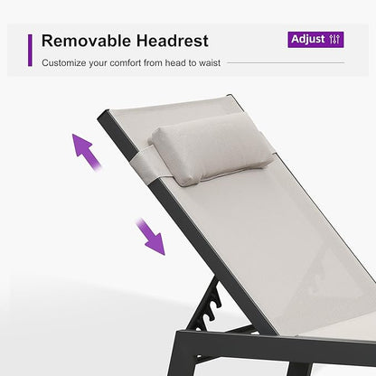 PURPLE LEAF Outdoor Lounge Chair Set of 3 Patio Chaise Pool Lounger Aluminum Frame with Side Table and Wheels for Outside Sunbathing Tanning Recliner Including Pillows Beige