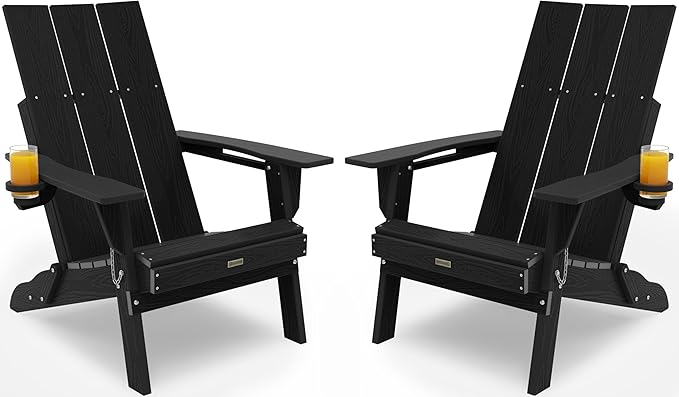 Adirondack Chair with Cup Holder: Folding Adirondack Chairs Set of 2 Plastic HDPE Material Furniture - Modern Composite Fire Pit Chairs Foldable for Outdoor/Backyard/Garden/Lawn/Deck/Porch