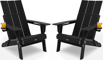 Adirondack Chair with Cup Holder: Folding Adirondack Chairs Set of 2 Plastic HDPE Material Furniture - Modern Composite Fire Pit Chairs Foldable for Outdoor/Backyard/Garden/Lawn/Deck/Porch