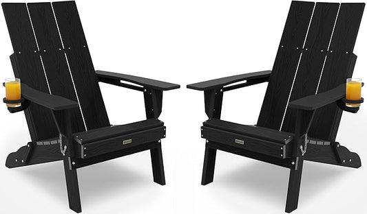 Adirondack Chair with Cup Holder: Folding Adirondack Chairs Set of 2 Plastic HDPE Material Furniture - Modern Composite Fire Pit Chairs Foldable for Outdoor/Backyard/Garden/Lawn/Deck/Porch