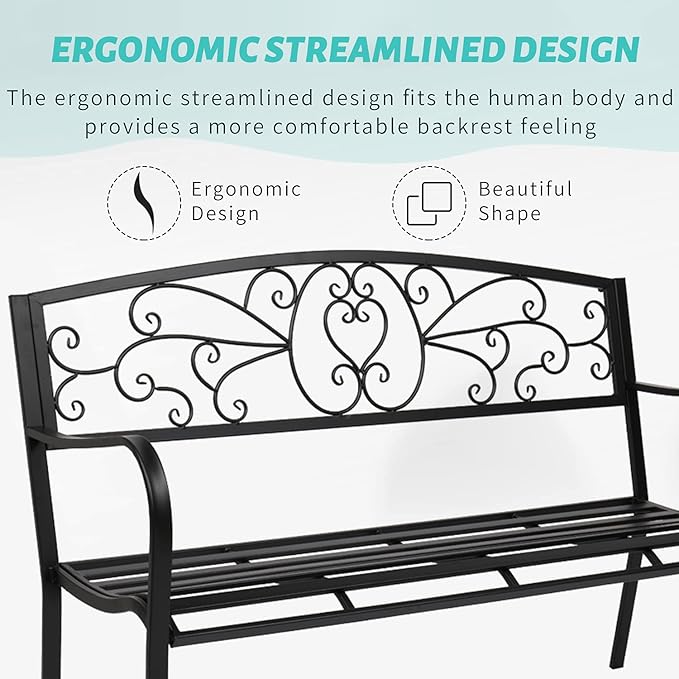 JOYBASE 50" Outdoor Bench, 2-3 People Seat, Metal Patio Bench, Cast Iron Bench, Porch Bench, Garden Bench, 530lbs Weight Capacity, Black