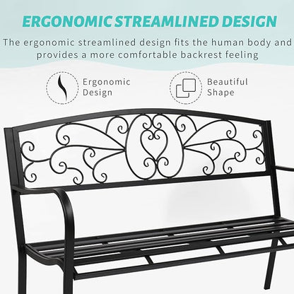 JOYBASE 50" Outdoor Bench, 2-3 People Seat, Metal Patio Bench, Cast Iron Bench, Porch Bench, Garden Bench, 530lbs Weight Capacity, Black