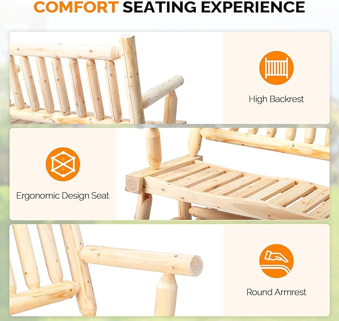VINGLI Fir Wood Double Rocking Chair for Porch & Garden - 550lb Capacity Weather-Resistant Outdoor Glider Bench with High Backrest, Patio Rocker for Couples Backyard, Deck (Natural Finish)
