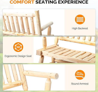 VINGLI Fir Wood Double Rocking Chair for Porch & Garden - 550lb Capacity Weather-Resistant Outdoor Glider Bench with High Backrest, Patio Rocker for Couples Backyard, Deck (Natural Finish)