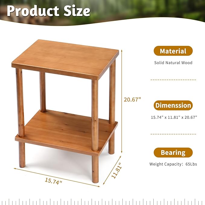 Outvita Outdoor Side Table, Acacia Wooden End Table Small Coffee Table for Patio Balcony Garden Living Room Bedroom Sturdy (Smooth Tabletop- 2 Tiers)