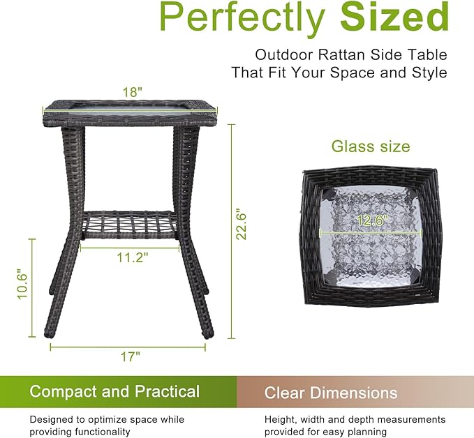 Outvita Outdoor Side Table, Patio Rattan Coffee Table Small End Table with Glass Tabletop and Storage Shelf for Patio Porch Backyard Balcony Living Room