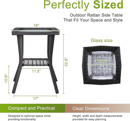 Outvita Outdoor Side Table, Patio Rattan Coffee Table Small End Table with Glass Tabletop and Storage Shelf for Patio Porch Backyard Balcony Living Room