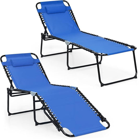Giantex Patio Chaise Lounge Chair - 16” High Folding Tanning Chair with Removable Headrest, 4-Gear Backrest, 2-Position Anti-Skid Foot-Pads, Sunbathing Beach Chair, Set of 2 Camping Cot, Navy