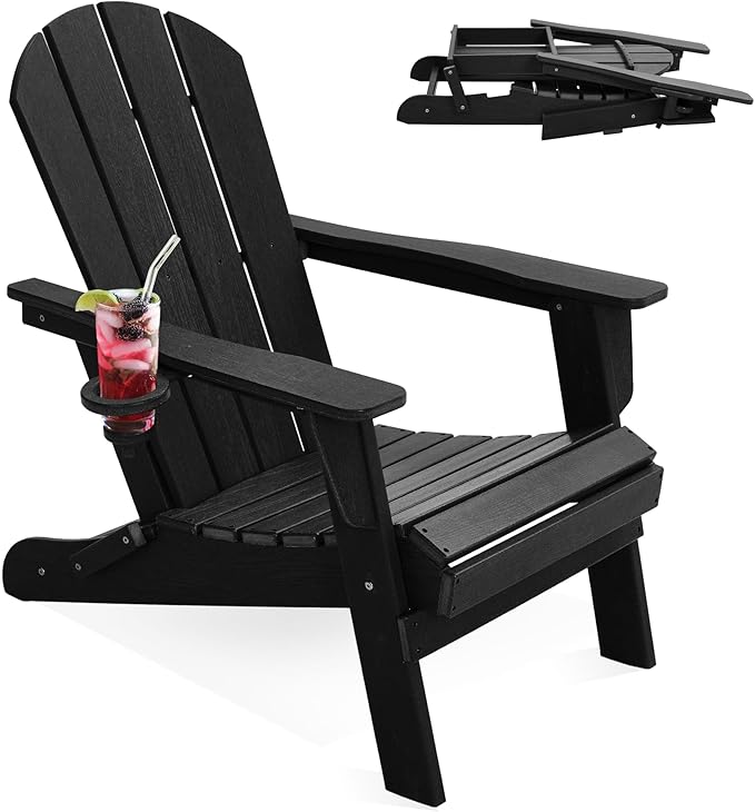 Folding Adirondack Chair with Cup Holder, HDPE All-Weather Folding Patio Chair, Outdoor Patio Adirondack Chair for Lawn Porch Garden Backyard Deck Fire Pit, Black