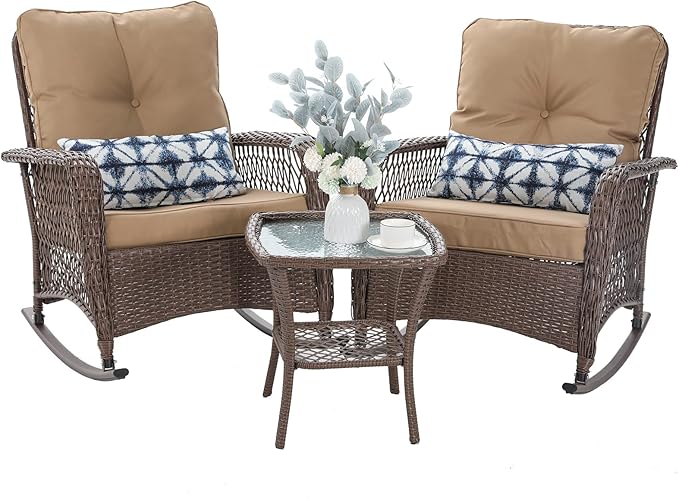 Patio Furniture Set 3 Pieces, Wicker Rocking Bistro Set with Thick Cushions, Outdoor Rocker Chairs and Coffee Table for Porch, Backyard or Garden (Khaki)