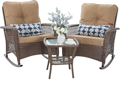 Patio Furniture Set 3 Pieces, Wicker Rocking Bistro Set with Thick Cushions, Outdoor Rocker Chairs and Coffee Table for Porch, Backyard or Garden (Khaki)