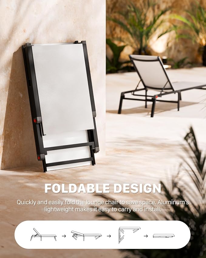 Aluminum Patio Chaise Lounge Chair Set of 2 with Side Table,5-Position Adjustable Backrest,Foldable Lounge Chair Outdoor,Pool Lounge Chairs for Poolside,Lawn,Deck,Beach (White, 2 Pack+Table)