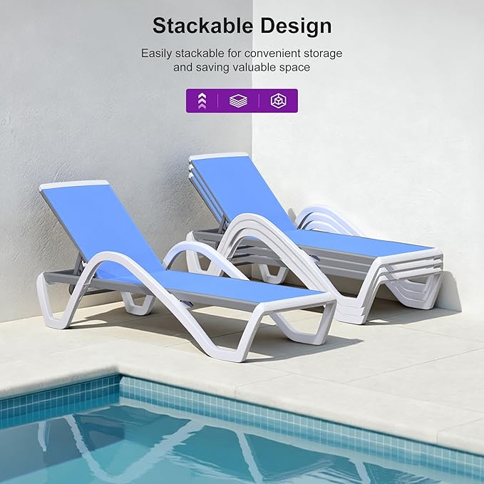 PURPLE LEAF Patio Chaise Lounge Chair Set Outside Aluminum Plastic Stackable Tanning Chairs with Armrests and Side Table for Pool Sunbathing Beach Deck Outdoor Lounger, Royal Blue