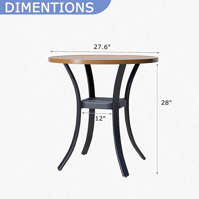 27.6" Round Patio Dining Table for 4, All-Weather Metal Patio Table with Storage Shelf, Outdoor Round Dining Table for Lawn Garden Porch, Walnut