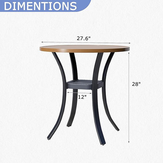27.6" Round Patio Dining Table for 4, All-Weather Metal Patio Table with Storage Shelf, Outdoor Round Dining Table for Lawn Garden Porch, Walnut