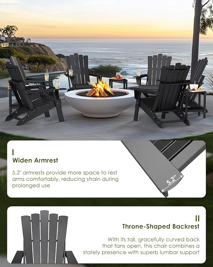 GREENVINES Folding-Adirondack-Chairs-Set-of-6 | HDPE Plastic | Throne Series | Fire Pit Chair | All Weather | for Outdoor Patio Deck Backyard Poolside | Black