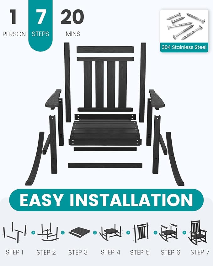SERWALL HDPE Outdoor Rocking Chair Set of 6, Patio Rocking Chairs for Adults, All Weather Outdoor Rockers for Lawn, Black
