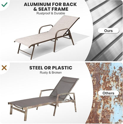Crestlive Products Chaise Lounge Chair Outdoor with Armrests, Pool Lounge Chairs Set of 2, Aluminum Adjustable 5 Positions Sun Tanning Lounger for Patio, Poolside, Yard, Deck, Backyard (Beige)