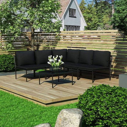 vidaXL 6-Piece Weather-Resistant Patio Lounge Set with Cushions - Elegant Outdoor PVC and Powder-Coated Steel Sectional Seating in Black and Anthracite.