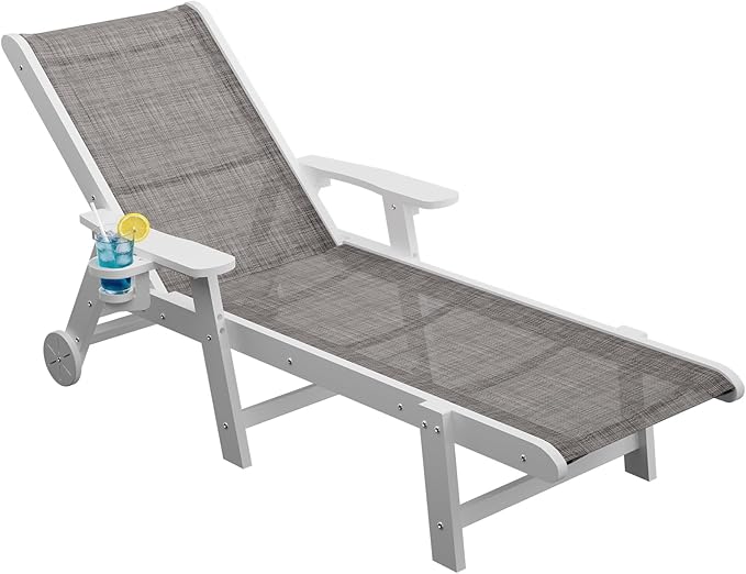 Outdoor Chaise Lounge Chair with Textilene Surface, 5-Position Adjustable Pool Lounge Chair with Wheels & Cup Holder - Photo 1