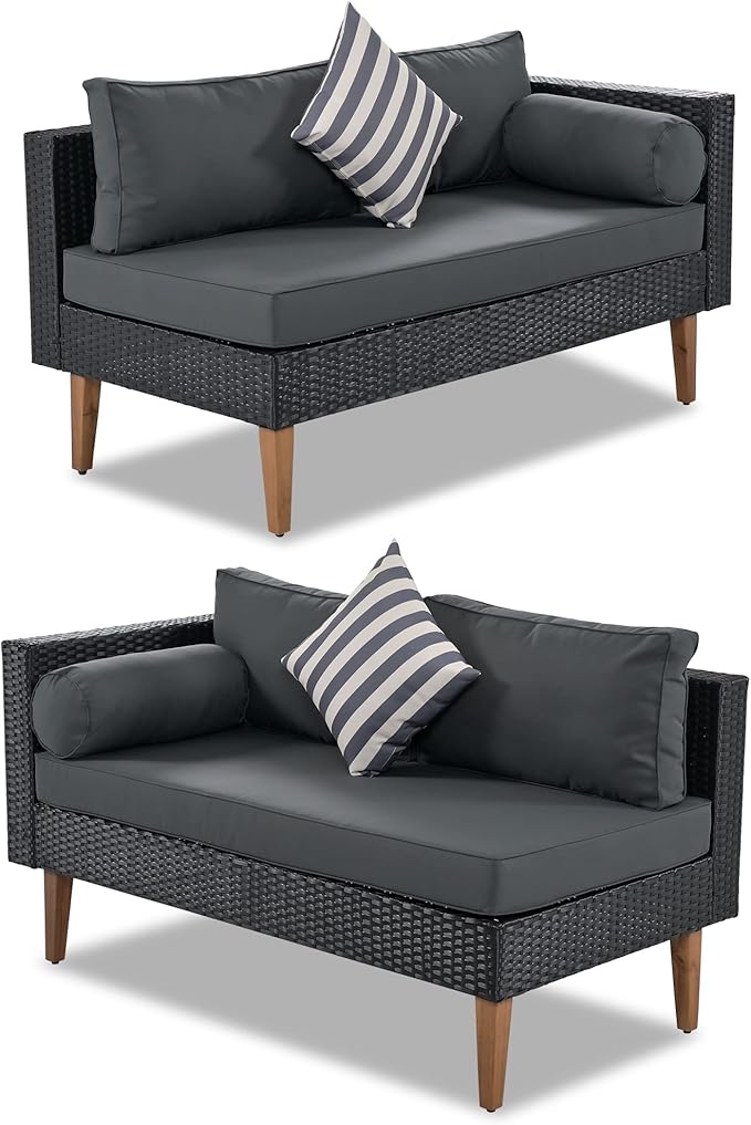 Quarte 4-Piece Outdoor Patio Furniture Set, Wicker L-Shape Corner Sectional Sofa Set with Colorful Pillows and Coffee Table,Conversation Seating Group for Small Places (Black+ Gray/L)