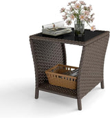 kinbor Outdoor Wicker Side Table - Tempered Glass Top Small Outdoor Table with Storage Shelf for Patio, Balcony & Porch - Photo 3