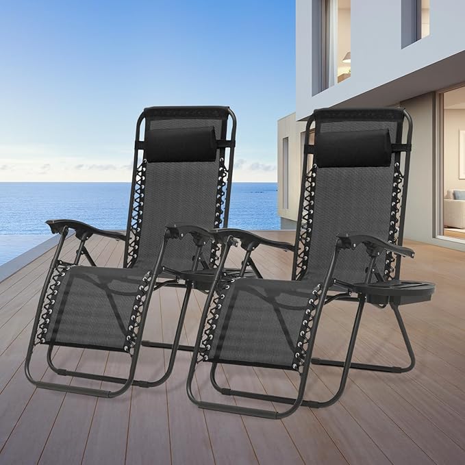 Athena Collection Zero Gravity Chair, Outdoor Lounge Chair with Adjustable Pillow and Cup Holder, Reclining Camping Chair for Outside Beach Lawn Garden Patio Poolside Set of 2 - Black