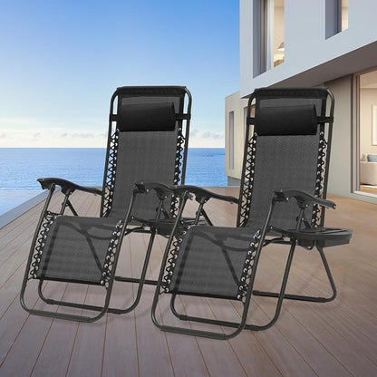 Athena Collection Zero Gravity Chair, Outdoor Lounge Chair with Adjustable Pillow and Cup Holder, Reclining Camping Chair for Outside Beach Lawn Garden Patio Poolside Set of 2 - Black