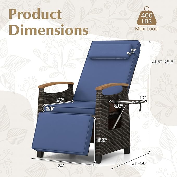 RELAX4LIFE Rattan Outdoor Recliner Chair - Wicker Chaise Lounge Chair w/Adjustable Back & Footrest, Acacia Wood Armrests - Photo 3