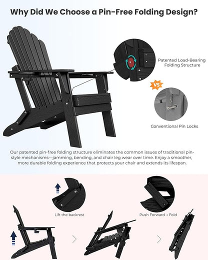 Oversized Adirondack Chair with Dual Cup Holders, Ergonomic High Back HDPE Fire Pit Chair, 380lbs Capacity All-Weather Outdoor Patio Lounge Chair for Garden, Deck, Yard - Black