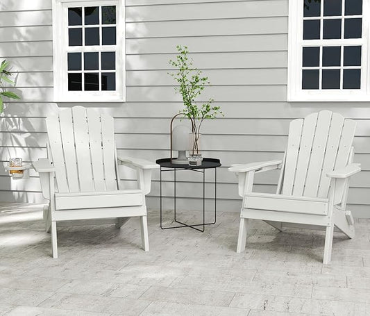 FOOWIN Adirondack Chair, Folding HDPE Patio Chair with Cup Holder, 400LBS Heavy Duty Plastic Outdoor Chair for Fire Pit, Porch, Balcony, Deck, Weather Resistant,White