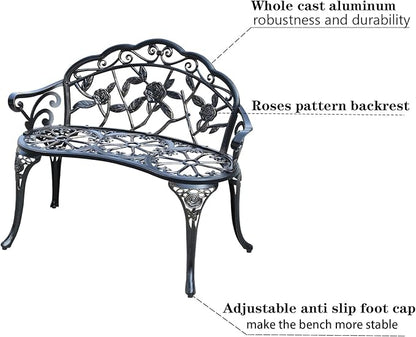 Cast Aluminium Outdoor Bench, Rose Garden Bench for Patio,Park,Lawn,Yard(Bronze)
