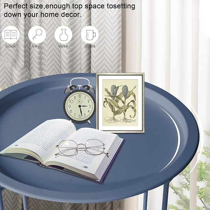 Garden 4 you End Table Metal Side Table Blue Round Folding Tray Cyan Sofa Small Accent Fold-able Table - Photo 4