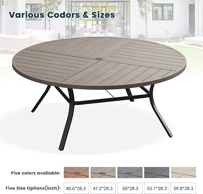 Patio Dining Table for 8-10, Round Metal Outdoor Table with Storage Shelf, 1.57" Umbrella Hole, 60" Outdoor Quartered Tabletop Dining Table for Backyard, Porch, Lawn, Grey