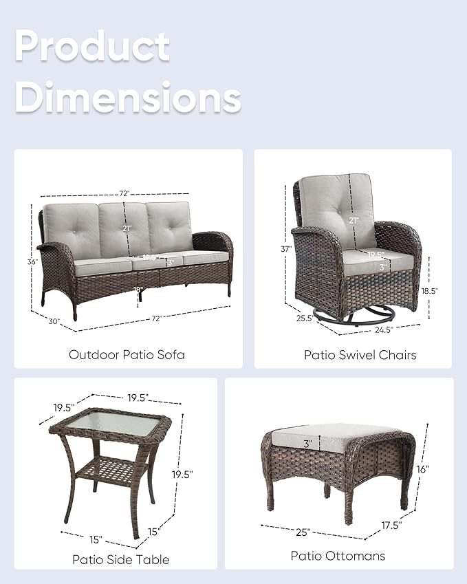 6 Pieces Outdoor Furniture-Patio Swivel Rocker Chairs Set of 2 3-Seater Wicker Couch with Outdoor Ottoman Outdoor Patio Furniture Set for Deck Porch Garden Balcony Poolside-Brown/Beige