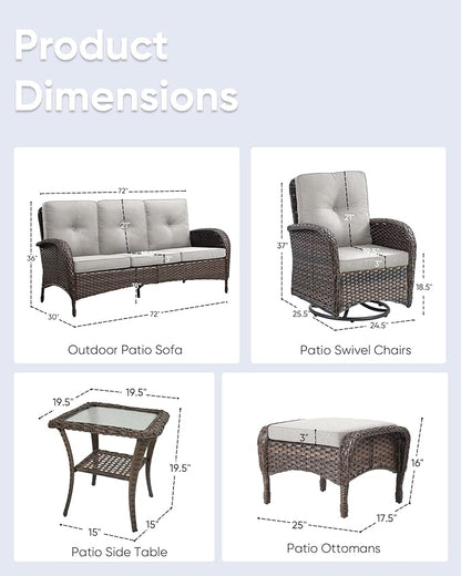 6 Pieces Outdoor Furniture-Patio Swivel Rocker Chairs Set of 2 3-Seater Wicker Couch with Outdoor Ottoman Outdoor Patio Furniture Set for Deck Porch Garden Balcony Poolside-Brown/Beige