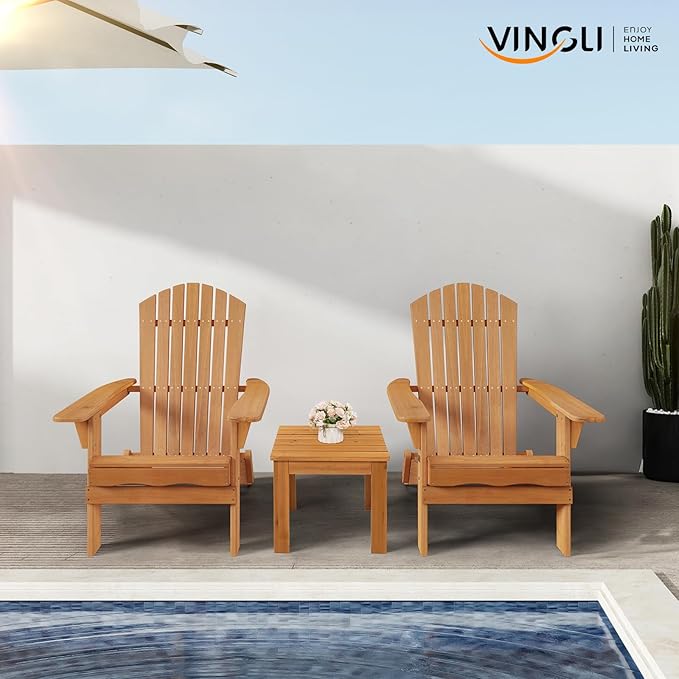 VINGLI Folding Adirondack Chairs Set of 2, Wood Adirondack Chair for Outdoor, Foldable Fire Pit Chairs for Patio, BBQ, Porch, Yard, Pool