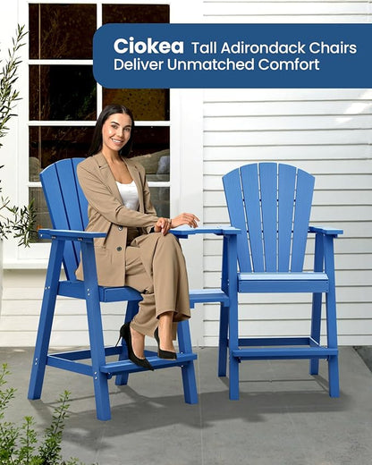 Ciokea Tall Adirondack Chairs Set of 2, HDPE Outdoor Adirondack Bar Stools with Double Connecting Tray, Weather Resistant High Back Adirondack Balcony Chairs for Deck, Lawn, Pool, Backyard, Navy Blue