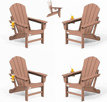 Mdeam 3-Position Adjustable Adirondack Chairs Set of 4, 400LBS Capacity, Cup Holder, Wooden Textured, All-Weather HDPE Folding Fire Pit Outdoor Chairs for Poolside Deck Patio Garden Yard Lawn - Teak