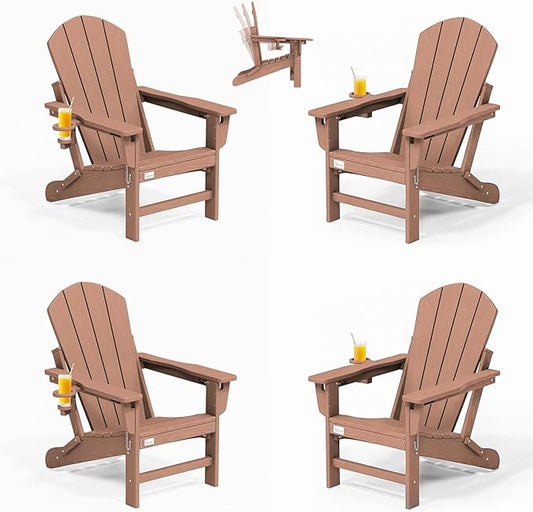 Mdeam 3-Position Adjustable Adirondack Chairs Set of 4, 400LBS Capacity, Cup Holder, Wooden Textured, All-Weather HDPE Folding Fire Pit Outdoor Chairs for Poolside Deck Patio Garden Yard Lawn - Teak